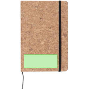 A cork notepad with a black elastic band and a green label area. Features a plain design suitable for various settings.