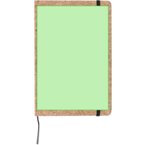 A notepad with a cork cover and a bright green inner page, secured with a black elastic band.