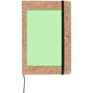 A cork notepad with a green inset, featuring a black elastic band and a ribbon bookmark.