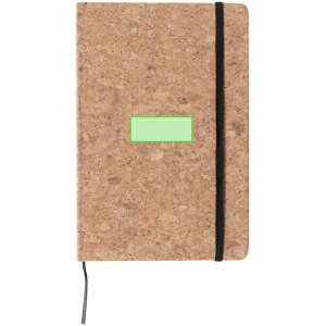 A cork notepad with a black elastic band and a green label. Includes a black ribbon bookmark.