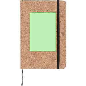 A cork notepad with a black elastic band, featuring a green section on the front for personalisation.