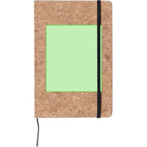 A cork notepad with a bright green square design and a black elastic band. It includes a black ribbon marker.