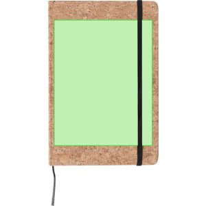 A cork-covered notepad with a bright green cover and a black elastic band, featuring a ribbon bookmark.