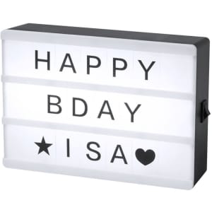 A light box in white and black displaying letters with a star and heart design.