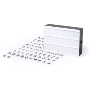 A rectangular light box in black and white, accompanied by various letters, numbers, and symbols.
