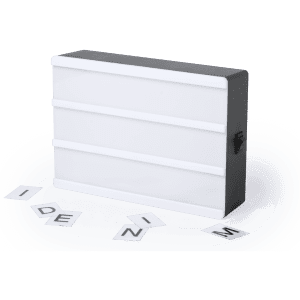 A rectangular light box in white and grey, with letters scattered around it for customization.