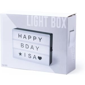 A light box in a black frame featuring interchangeable letters on a white background. It includes a branding logo.