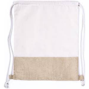 A natural-coloured drawstring bag featuring a canvas top and a burlap bottom, with white drawstrings.