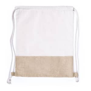 A drawstring bag in white with a natural-coloured linen base, featuring white cords and a simple design.