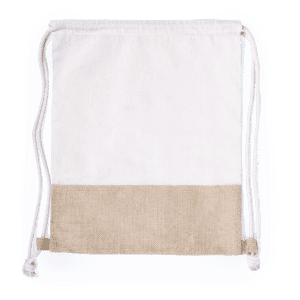 A drawstring bag featuring a white top and a beige bottom, complete with drawstrings. It has a logo.
