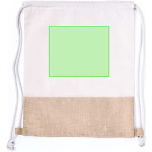 A cream drawstring bag with a beige bottom section and an empty green square area, featuring a logo.