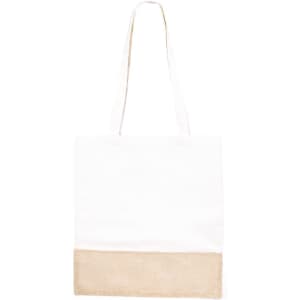 A tote bag featuring a white upper section and a natural jute lower section, with shoulder straps and a logo.