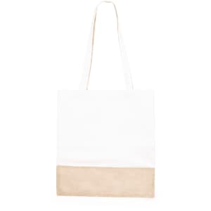 A white tote bag with a natural burlap bottom and two sturdy handles. It features a logo on the front.