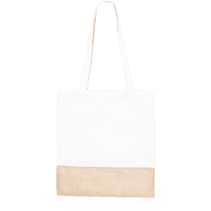 A white tote bag with a natural-coloured jute bottom and two fabric handles, featuring a logo.