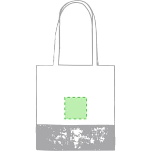 A tote bag featuring a white body and a grey bottom, with a green outlined area on the front. It has a logo.