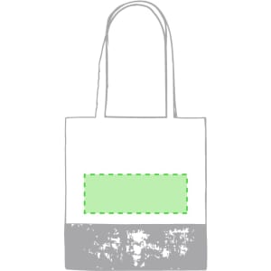 A white tote bag with a grey base and a green rectangular area. It has shoulder-length straps and features a logo.