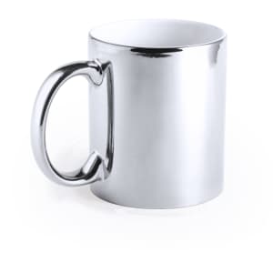 A coffee mug with a sleek, silver metallic finish and a unique handle design. It features a logo on the surface.