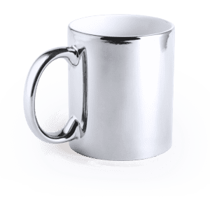 A coffee mug in a shiny silver finish with a stylish handle and a smooth surface.