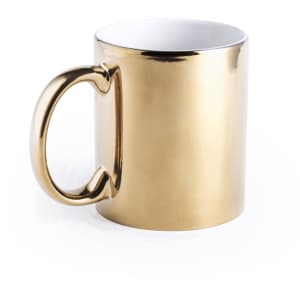 A coffee mug with a shiny gold exterior and a white interior, featuring a curved handle.