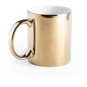 A gold coffee mug with a shiny finish and a unique handle design, featuring a logo.