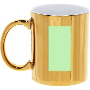 A golden coffee mug with a glossy finish and a light green insert area. Features a handle and branding logo.