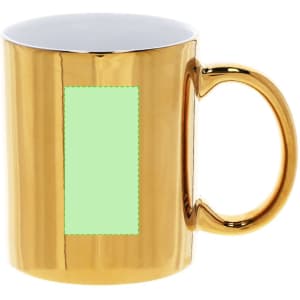 A golden coffee mug with a glossy finish and a white interior, featuring a rectangular section for customisation.