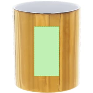 A coffee mug in shiny gold with a white interior and a blank green rectangular area for customisation.