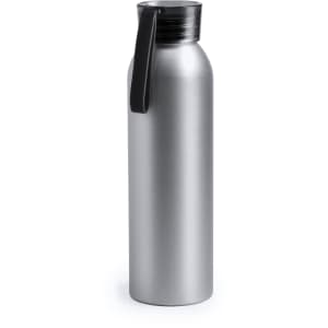 A drink bottle in a sleek silver finish with a black lid and handle, featuring a logo.