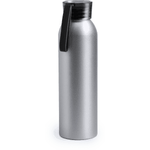 A drink bottle in silver with a black lid and handle, featuring a logo. Suitable for various beverages.