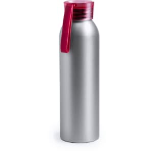 A drink bottle featuring a metallic silver body and a bright red cap. The bottle has a logo on it.