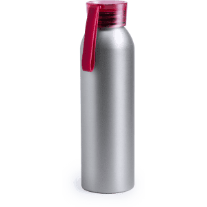 A drink bottle featuring a silver metallic body and a red flip-top lid. It includes a logo.