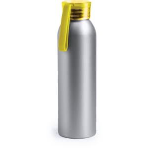 A drink bottle in silver with a bright yellow lid and handle, featuring a logo on the body.