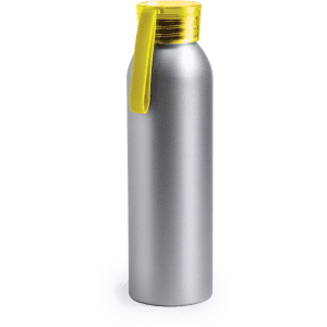 A drink bottle in silver with a bright yellow lid and a logo on the side.