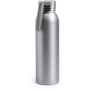A drink bottle in a sleek silver finish, featuring a screw top and a handle for easy carrying. It includes a logo.