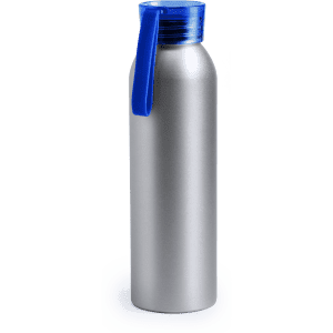 A drink bottle in silver with a blue lid and handle, featuring a logo on its side.