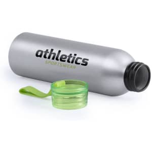 A drink bottle in silver with a black lid and a green cap, featuring a logo on the side.
