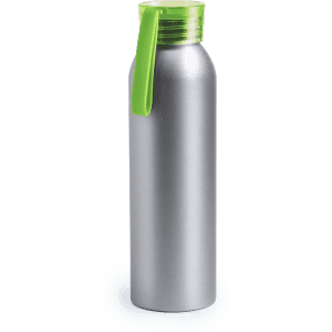 A drink bottle in silver with a vibrant green lid, featuring a logo on its body.