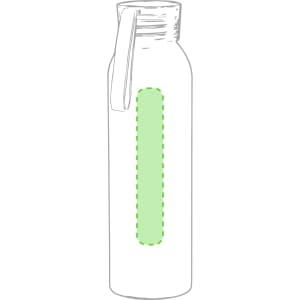 A drink bottle in clear with a green accent, featuring a logo on the side and a lid with a handle.