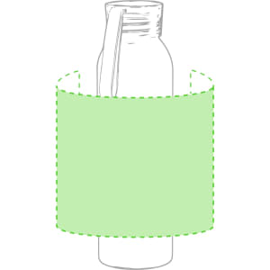 A drink bottle with a clear body and a green sleeve, featuring a handle and a logo.