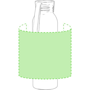 A drink bottle in clear glass with a green silicone sleeve and a lid. Features a simple design and a logo.