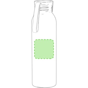 A drink bottle in a transparent design with a green rectangular area, featuring a handle and a modern shape.