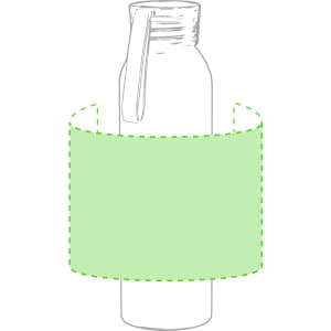 A drink bottle with a sleek design, featuring a handle and surrounded by a light green band. Includes a logo.