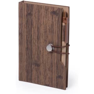 A brown wood-grain notepad with a pen, featuring a closure and a pocket for holding notes.