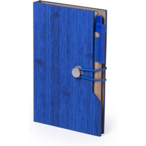 A blue notepad with a textured cover and a blue pen attached, featuring a secure closure.