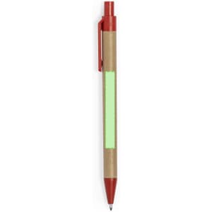 A pen with a red top, a green label section, and a brown cardboard body, featuring a logo.