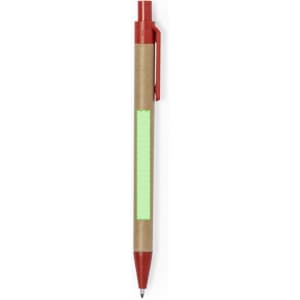 A red pen with a cardboard barrel and a clip, featuring a space for branding.