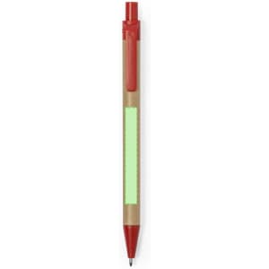 A red pen with a brown paper barrel and a green sticky note area. The pen features a clip for easy attachment.