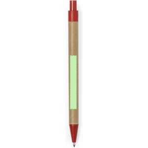 A pen with a brown cardboard body and red accents, featuring a green label area for customisation.