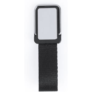A sleek black phone holder with a rectangular mirror attachment, featuring a fabric strap.
