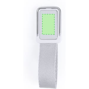 A car phone holder in white with a rectangular slot for a device, featuring a silver clip.